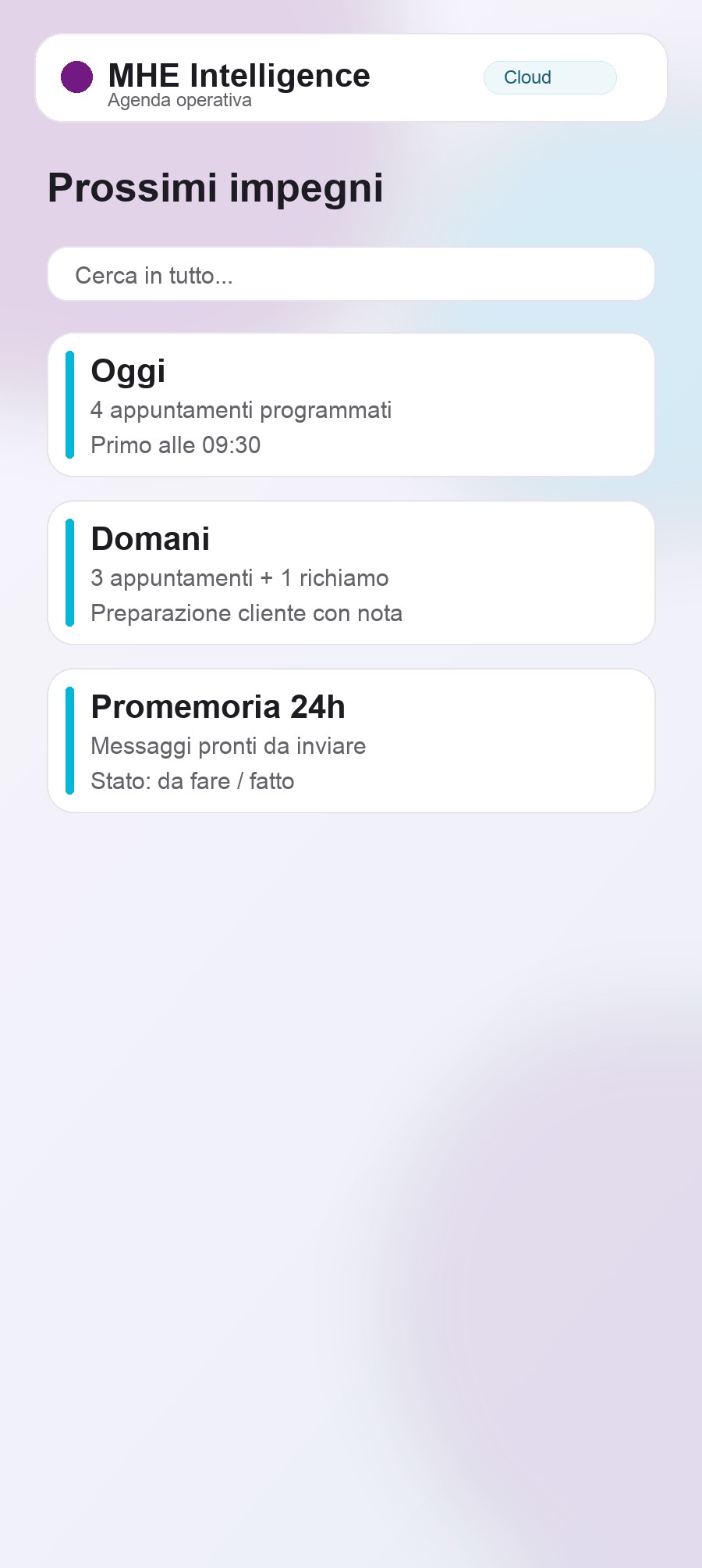 Schermata: prossimi impegni in agenda