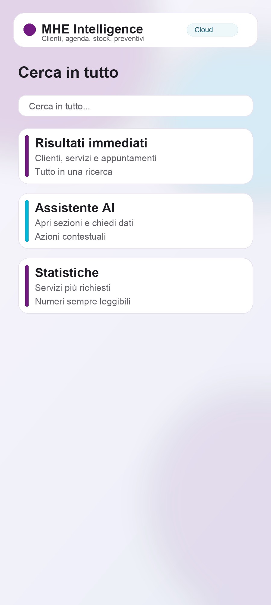 Schermata: menu Altro con ricerca globale