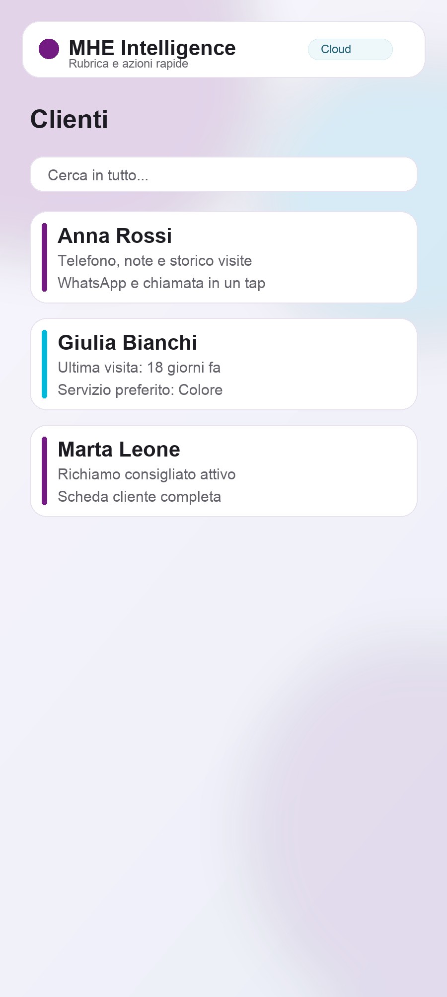 Schermata: rubrica clienti con azioni rapide