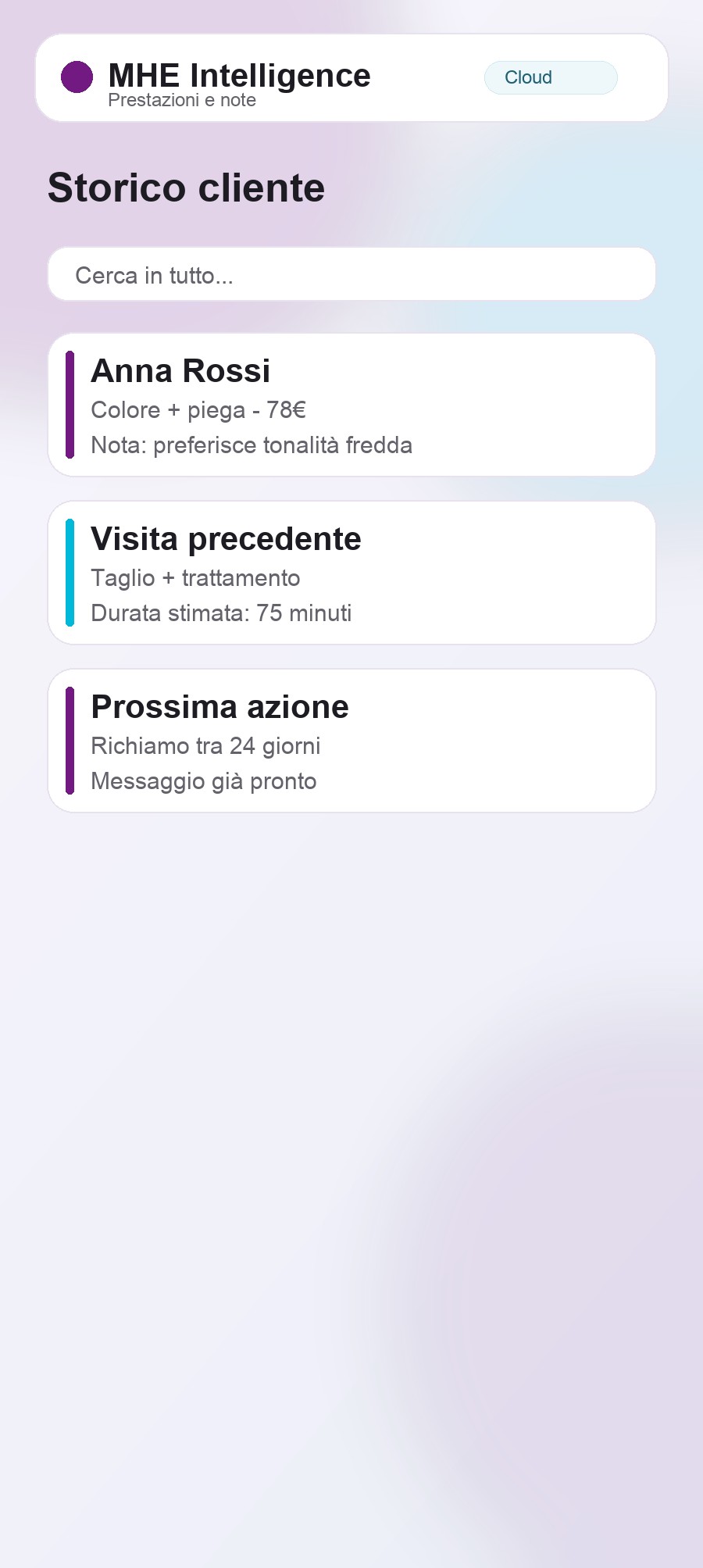 Schermata: storico prestazioni cliente